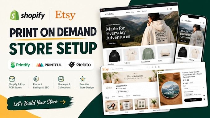 setup shopify print on demand etsy pod store with printify, printful gelato