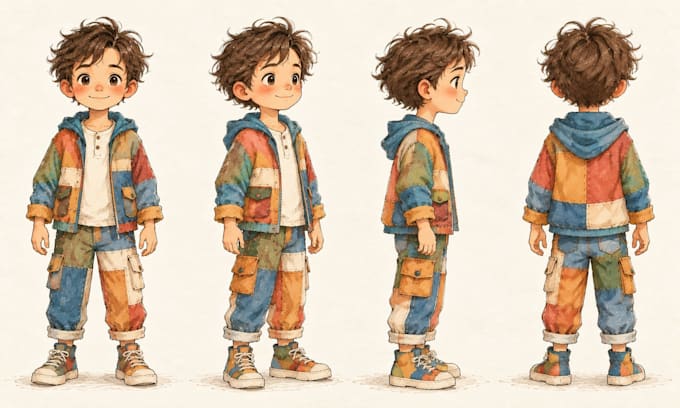 create a hand drawn childrens book character turnaround and model sheet