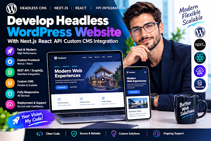 develop headless wordpress website with next js react API custom cms integration