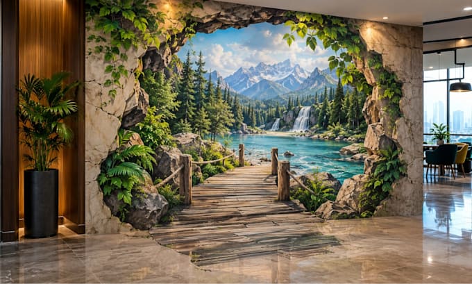 design custom 3d anamorphic graffiti mural, optical illusion wall art