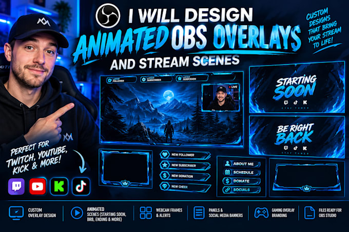design animated obs overlays and stream scenes