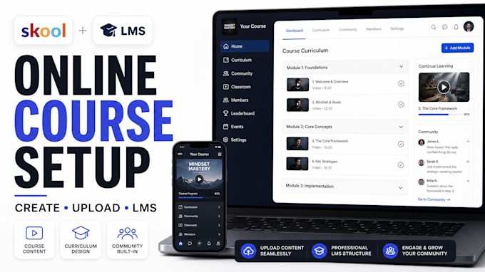 create and setup online course, skool community and lms