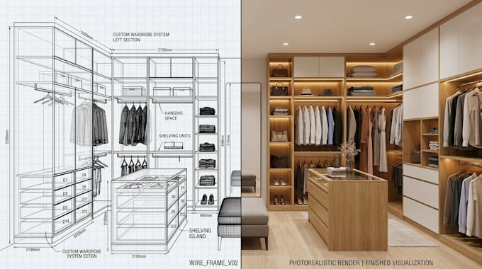 design 3d walk in closet, wardrobe design, custom cabinet realistic 3d renders