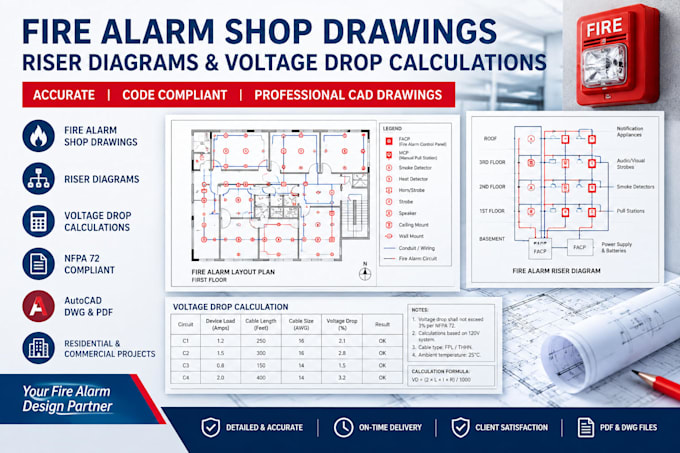 create fire alarm shop drawings, riser diagrams and voltage drop calculations