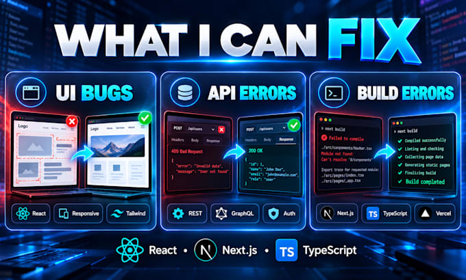 fix react next js typescript bugs errors and api issues