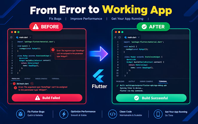 fix flutter app bugs, crashes and errors on android and ios