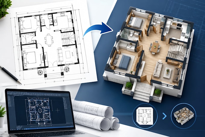create 3d floor plan from 2d house drawing with realistic architecture rendering