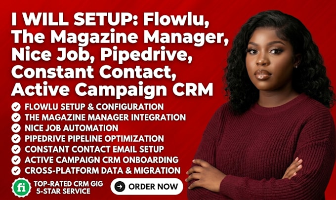 setup flowlu, the magazine manager, nice job, pipedive, constant contact, active