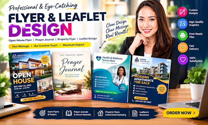 design open house flyer, prayer journal, leaflet design and property flyer