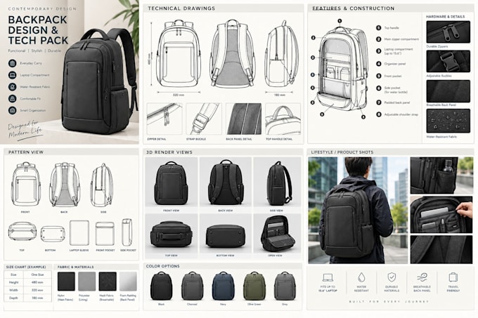 be your digital handbag, backpack sewing pattern tech pack, and totes bag