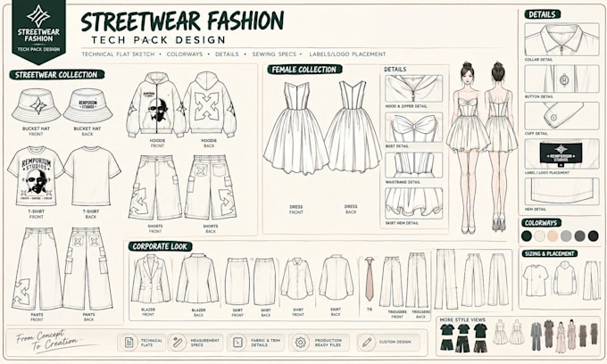 make street wears fashion tech pack design technical flat sketch