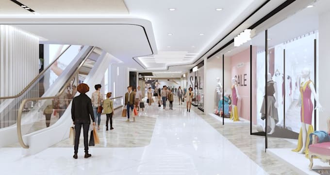 design realistic 3d mall corridors and shopping