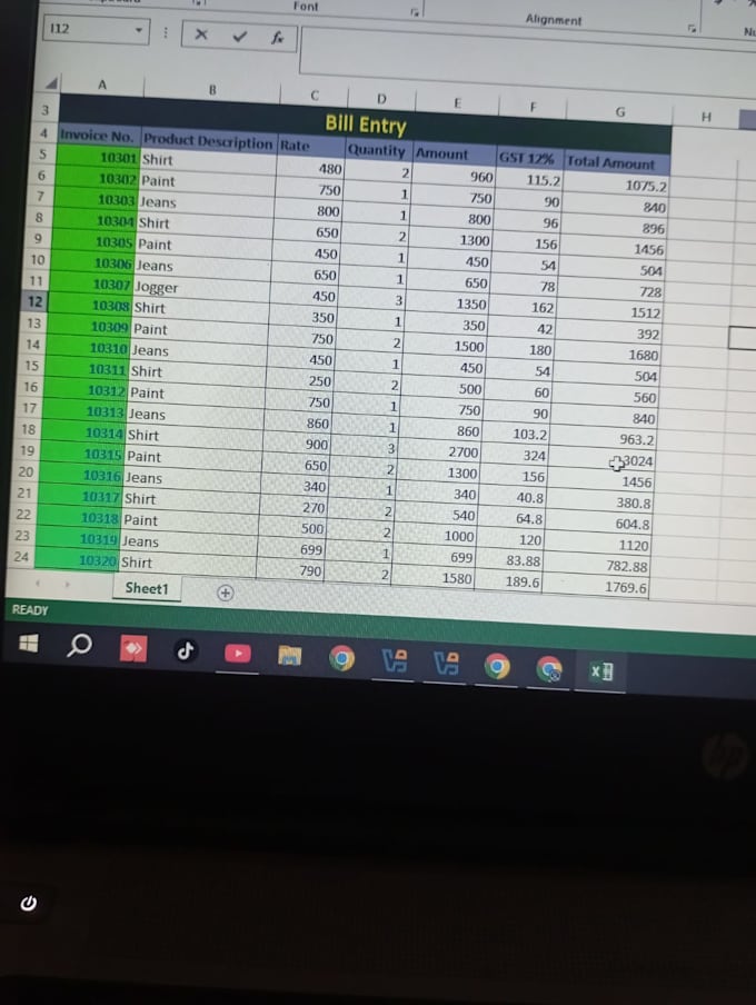 excel data entry, bill entry, and gst invoice with formulas