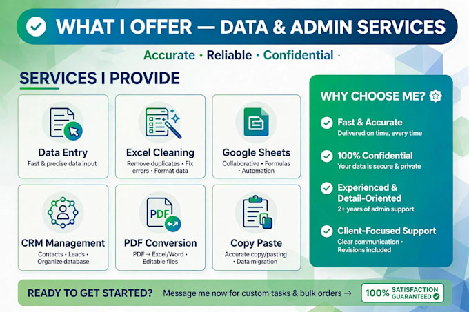 do data entry, excel data cleaning, google sheets and crm management