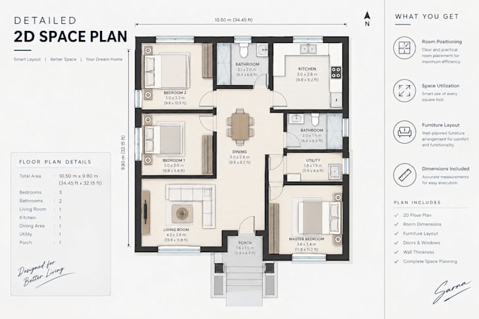 design a professional 2d room layout and space plan