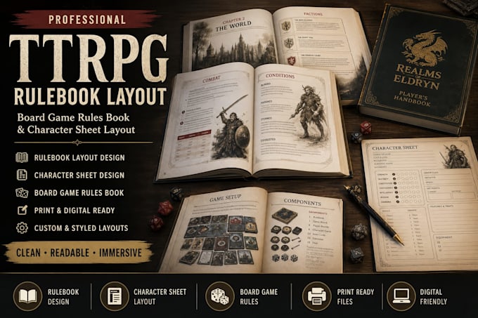 design ttrpg rulebook layout, rpg board game rules book character sheet layout