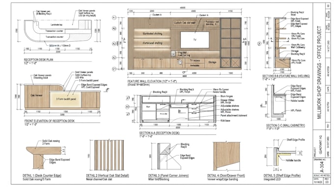 draft commercial office casework and milwork fabrication drawings