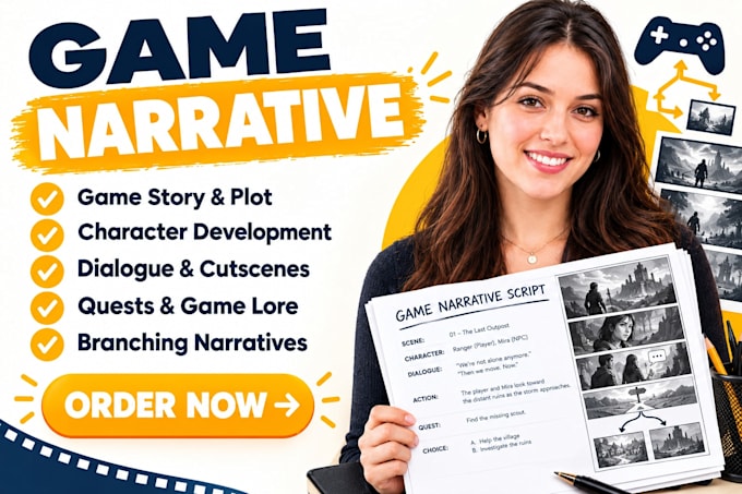 write game narrative, rpg story, lore, quests, dialogue, creative writing