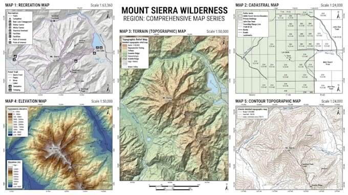 do detailed recreation, cadastral, terrain, elevation, contour topographic maps