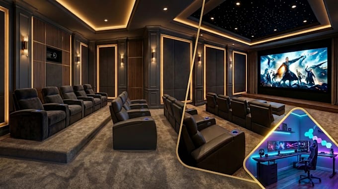 design realistic 3d home theater, game room, cinema room, and interior rendering