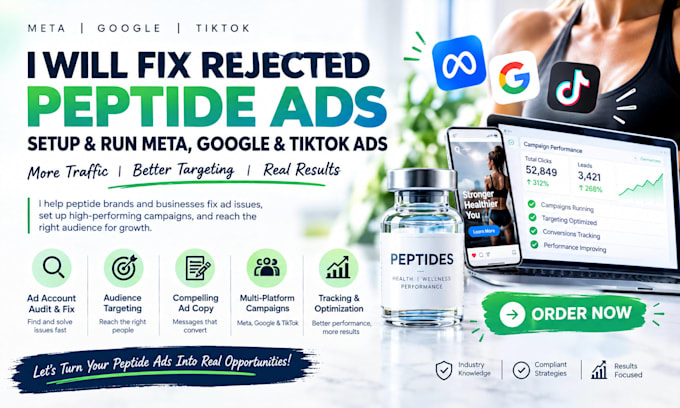 fix rejected peptide ads, setup and run meta google tiktok ads