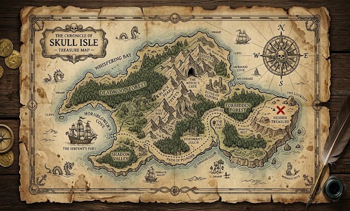 design a custom illustrated treasure map medieval fantasy map