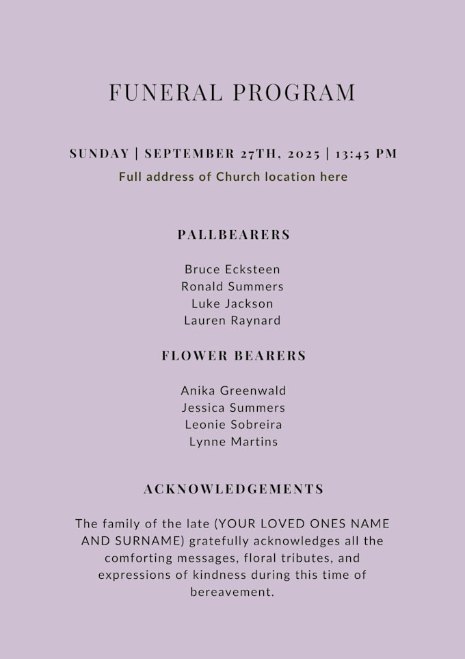 design an elegant funeral program or obituary flyer in 24 hours