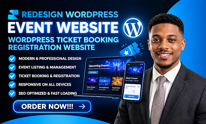redesign wordpress event website, wordpress ticket booking registration website