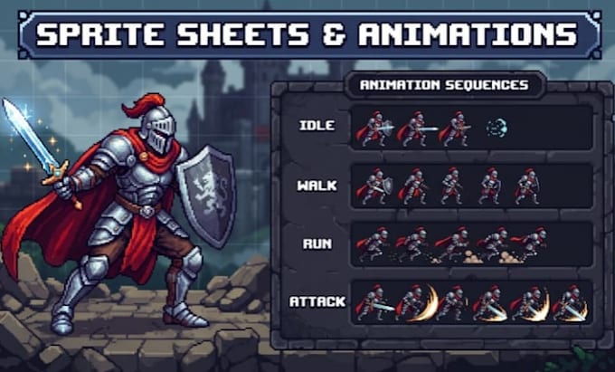 create pixel character sprite sheet animation, walk run, idle, action game art
