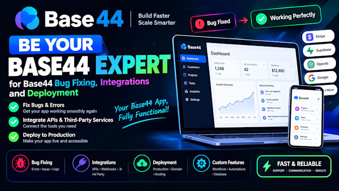 be your base44 expert for base44 bug fixing, integrations, and deployment