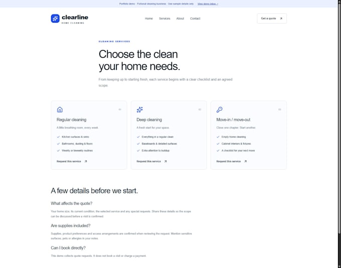 build a cleaning business website with a quote request form