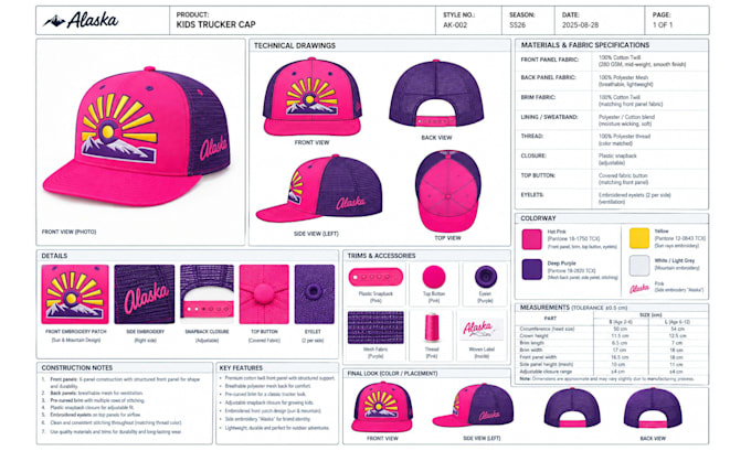 create manufacturer ready cap tech pack and production sample