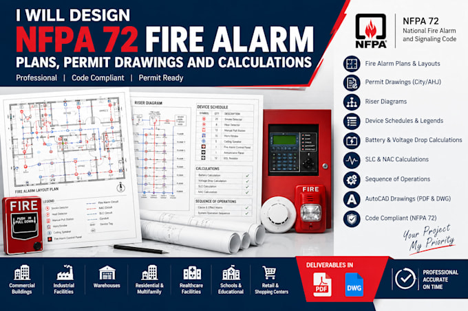 design nfpa 72 fire alarm plans, permit drawings and calculations