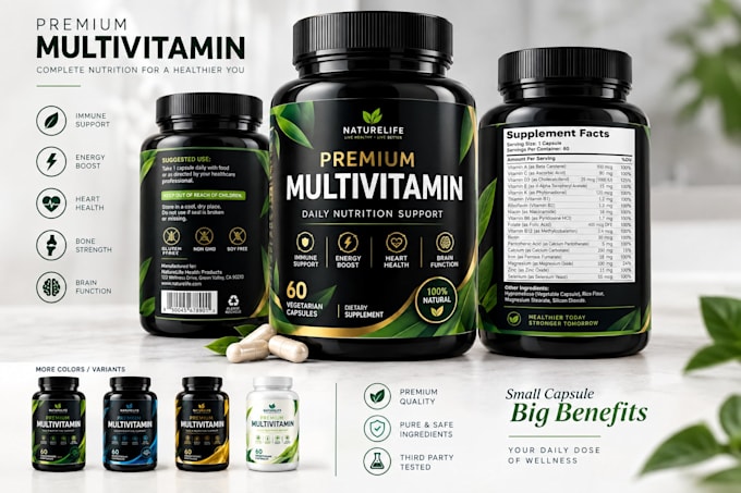 design supplement label and  bottles pouches and boxes