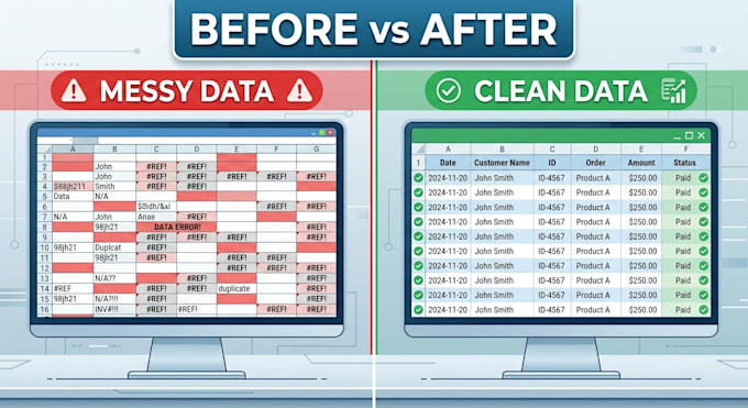 clean messy data, fix excel errors, and use power query
