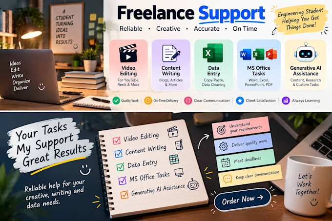 video editing, content writting, ms office etc