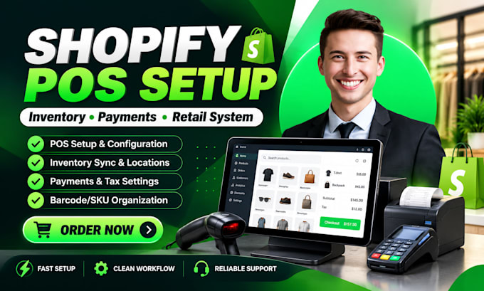 setup shopify pos system, inventory sync, payment and retail store