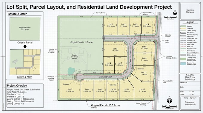 create lot split, parcel layout and residential land development project plan
