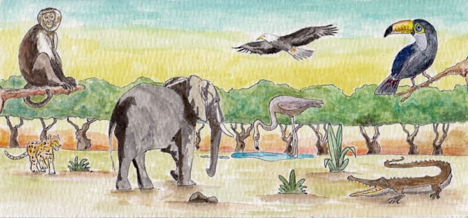 create a hand painted wild animal and sea creature scene