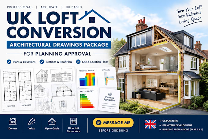 design a full UK loft conversion architectural drawings for planning approval