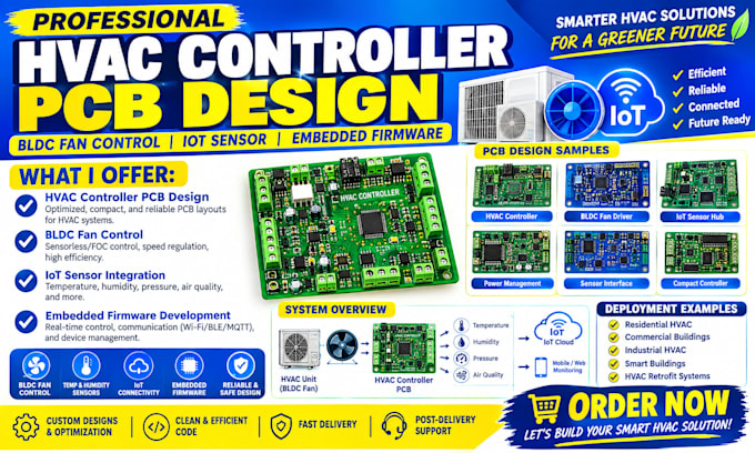 do hvac controller pcb design bldc fan control, iot sensor and embedded firmware
