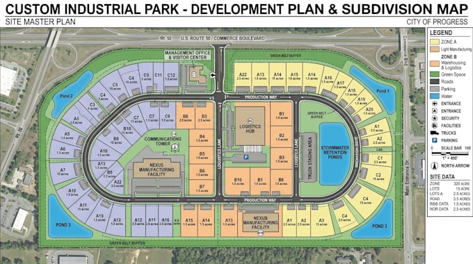 do custom industrial park map, driveway plan, subdivision map, destination map