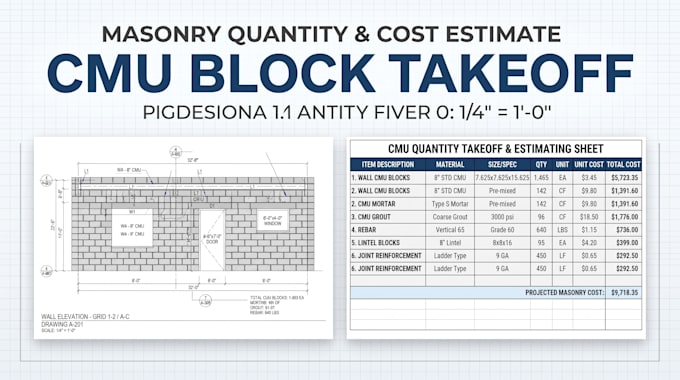 do cmu block takeoff, masonry quantity takeoff and construction estimate