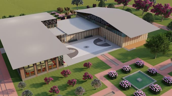 develop sport facilitation center, padel court 3d visual, parking station render