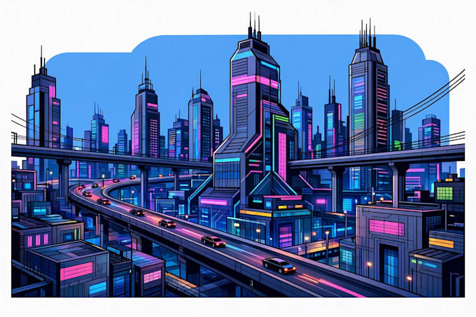 create a cyberpunk sci fi futuristic city illustration