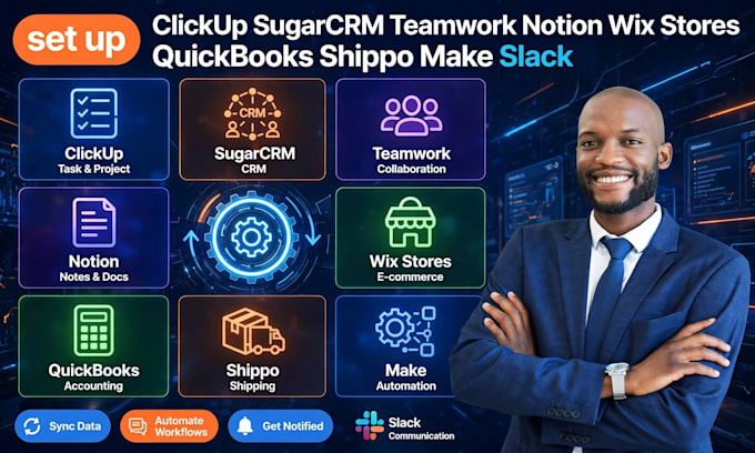 setup clickup sugarcrm teamwork notion wix stores quickbooks shippo make slack