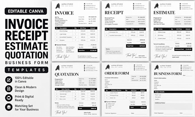 design editable canva invoice, receipt estimate quotation business form template