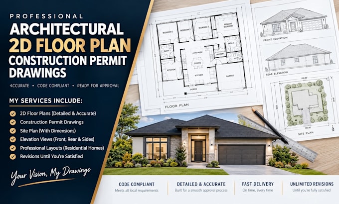 create architectural 2d floor plan construction permit drawing house plans