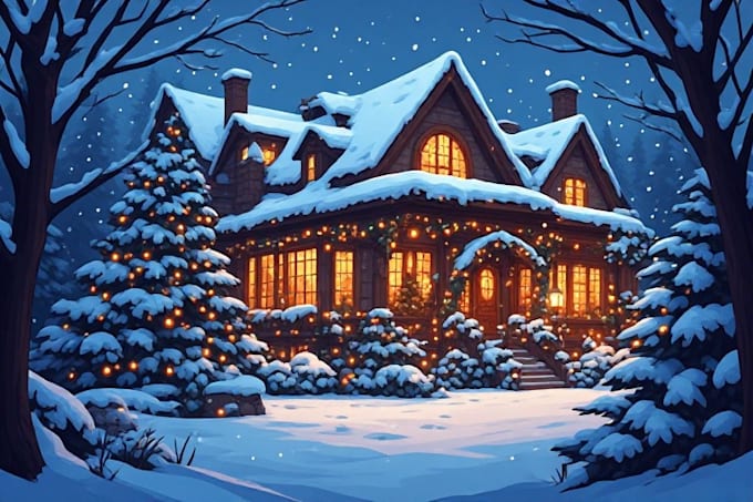 create cozy christmas house and winter scene illustrations