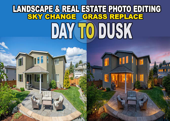 real estate and landscape photo edit, image retouch, sky change, grass replace